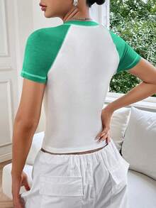 SHEIN EZwear Khối màu Tay Raglan Áo phông Crop - Màu xanh Cadet - Xem 2