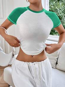 SHEIN EZwear Khối màu Tay Raglan Áo phông Crop - Màu xanh Cadet - Xem 4