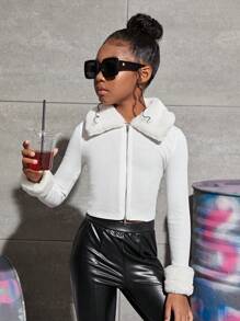 SHEIN 女大童羊絨領口拉鏈開襟夾克 - 白色 - 查看 1