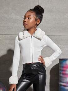 SHEIN 女大童羊絨領口拉鏈開襟夾克 - 白色 - 查看 3