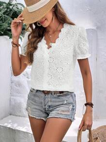 SHEIN Frenchy 網眼刺繡貝殼邊泡泡袖襯衫