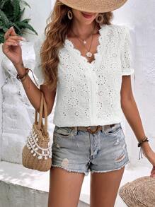 SHEIN Frenchy 網眼刺繡貝殼邊泡泡袖襯衫