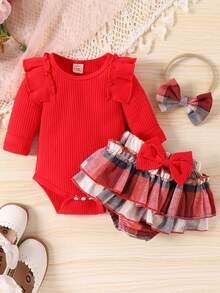 Baby Girl Ruffle Trim Bodysuit And Layered Skirt Shorts With Bowknot And Headband Set, Soft Comfortable Sweet Style - Multicolor - View 3