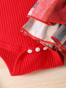 Baby Girl Ruffle Trim Bodysuit And Layered Skirt Shorts With Bowknot And Headband Set, Soft Comfortable Sweet Style - Multicolor - View 5