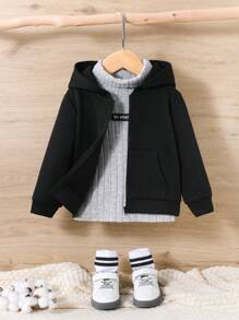 SHEIN 小男孩万圣节字母和翅膀印花拉链卫衣 - 黑色 - 查看 2