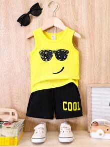 SHEIN Baby Boy Cartoon Graphic Tank Top & Letter Graphic Shorts