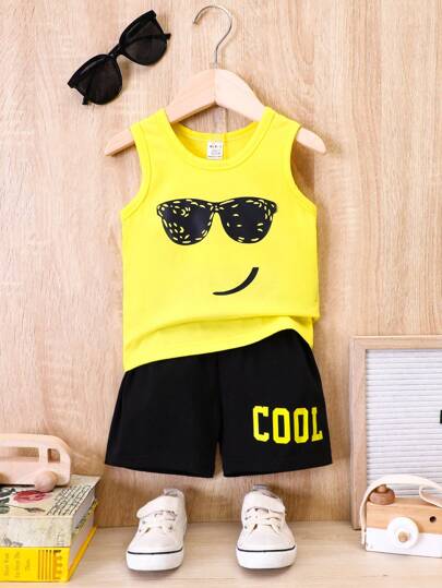 SHEIN Baby Boy Cartoon Graphic Tank Top & Letter Graphic Shorts