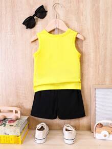 SHEIN Baby Boy Cartoon Graphic Tank Top & Letter Graphic Shorts