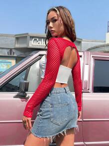 SHEIN ICON Solid Crop Tube Top & Fishnet Super Top - Red - View 2