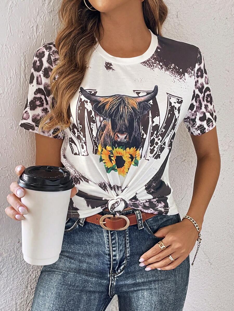 SHEIN LUNE Hoa Hướng dương & Đồ họa Chữ cái Áo thun - màu nâu - Xem 1