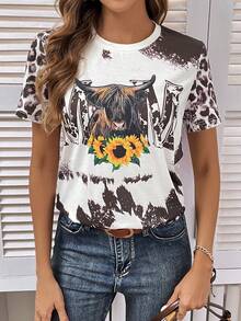 SHEIN LUNE Hoa Hướng dương & Đồ họa Chữ cái Áo thun - màu nâu - Xem 3