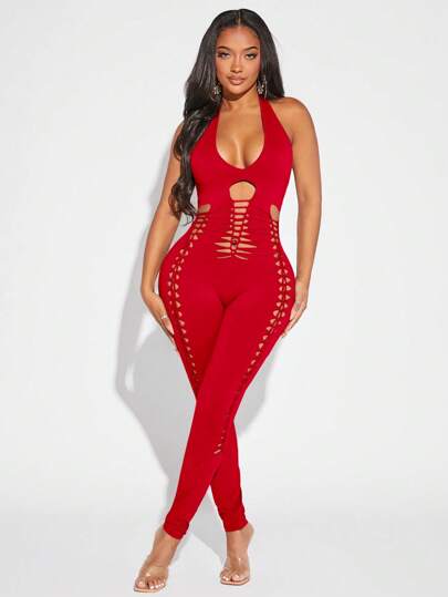 SHEIN SXY Cut Out Backless Halter Neck Unitard Jumpsuit