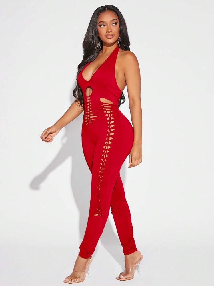 SHEIN SXY Cut Out Backless Halter Neck Unitard Jumpsuit | SHEIN