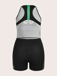 SHEIN Coolane 大碼標語圖案撞色滾邊彈力緊身連體短褲 - 黑色 - 查看 2