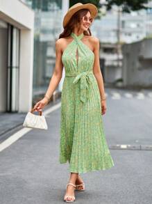 GENKIRA 碎花百褶下擺腰帶掛脖連衣裙 - 彩色 - 查看 1