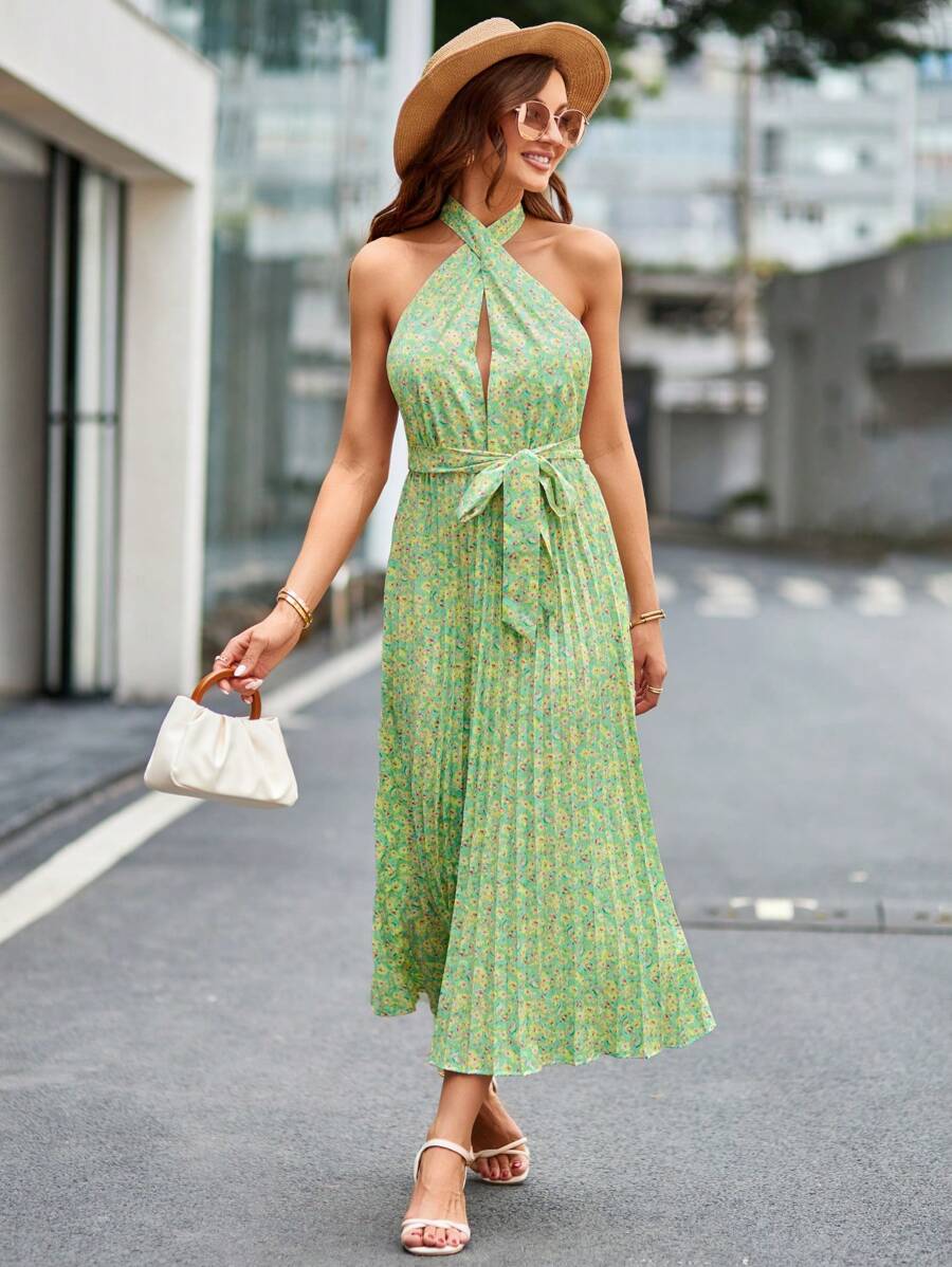 GENKIRA 碎花百褶下擺腰帶掛脖連衣裙 - 彩色 - 查看 1