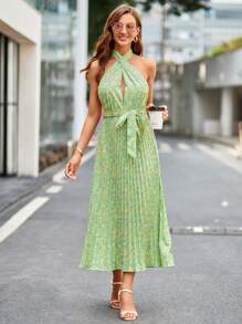 GENKIRA 碎花百褶下擺腰帶掛脖連衣裙 - 彩色 - 查看 4