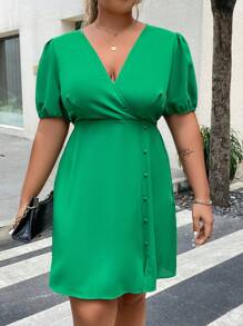 SHEIN Franclia Hơn Surplice cổ Ống tay áo Chi tiết Nút Đầm - màu xanh lá - Xem 3