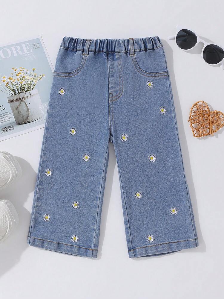 Baby Girl Boho Western Holiday Cute Daisy Embroidered  Fully Elastic Waist Wide Legs Jeans