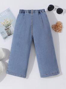 嬰兒女孩波西米亞西部假期可愛雛菊刺繡彈性寬腿牛仔褲 - 中等水洗藍 - 查看 2