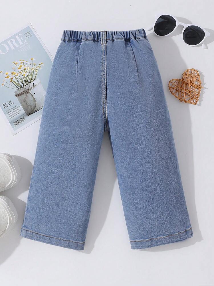 Baby Girl Boho Western Holiday Cute Daisy Embroidered  Fully Elastic Waist Wide Legs Jeans