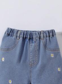 嬰兒女孩波西米亞西部假期可愛雛菊刺繡彈性寬腿牛仔褲 - 中等水洗藍 - 查看 3
