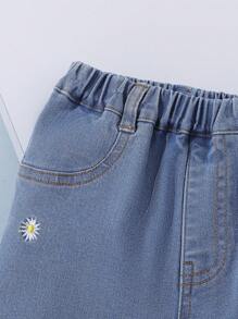 嬰兒女孩波西米亞西部假期可愛雛菊刺繡彈性寬腿牛仔褲 - 中等水洗藍 - 查看 4