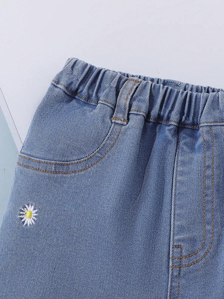 Baby Girl Boho Western Holiday Cute Daisy Embroidered  Fully Elastic Waist Wide Legs Jeans