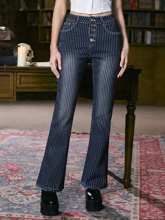 Academia Striped Print Button Fly Flare Leg Jeans