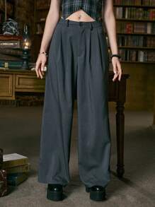 ROMWE Academia 素色闊腿褲 - 灰色 - 查看 1