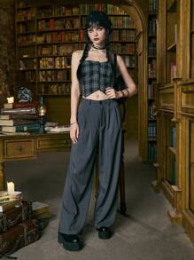 ROMWE Academia 素色闊腿褲 - 灰色 - 查看 2