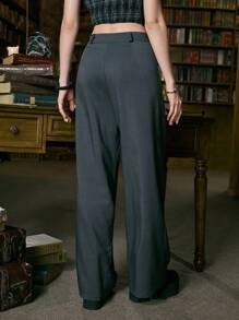 ROMWE Academia 素色闊腿褲 - 灰色 - 查看 4