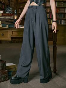 ROMWE Academia 素色闊腿褲 - 灰色 - 查看 5
