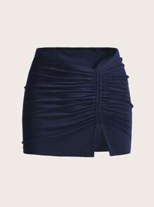 SHEIN ICON 素色褶邊開衩短裙