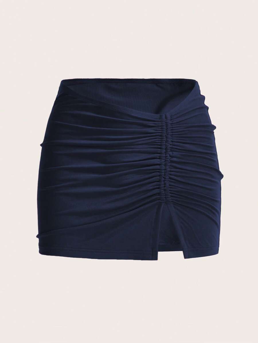 SHEIN ICON 素色褶邊開衩短裙