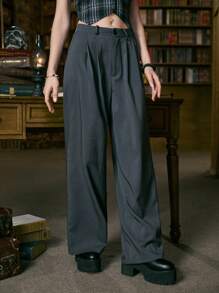 ROMWE Academia 素色闊腿褲 - 灰色 - 查看 6