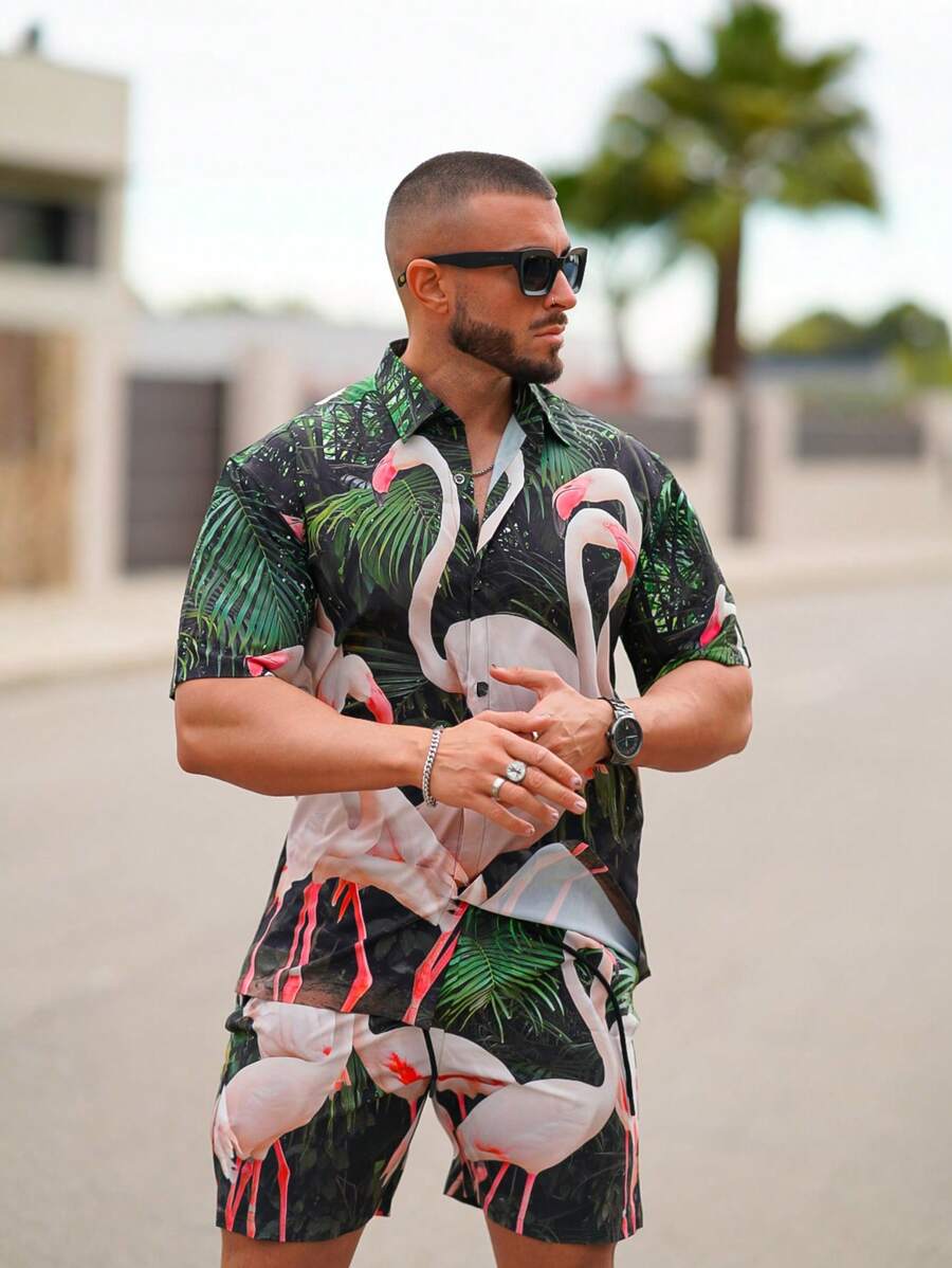 男士火烈鳥圖案襯衫和短褲套裝 - 彩色 - 查看 1