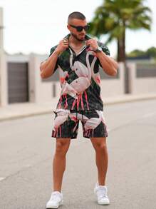 男士火烈鳥圖案襯衫和短褲套裝 - 彩色 - 查看 4