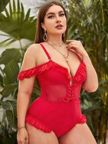 大碼繫帶荷葉邊連體泳衣 - 紅色 - 查看 2