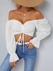 SHEIN SXY Off Shoulder Drawstring Front Flare Sleeve Crop Blouse - White - View 1