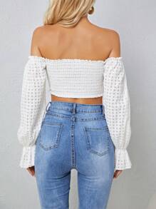 SHEIN SXY Off Shoulder Drawstring Front Flare Sleeve Crop Blouse - White - View 2