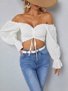 SHEIN SXY Off Shoulder Drawstring Front Flare Sleeve Crop Blouse - White - View 3