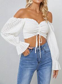 SHEIN SXY Off Shoulder Drawstring Front Flare Sleeve Crop Blouse - White - View 5