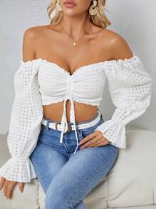 SHEIN SXY Off Shoulder Drawstring Front Flare Sleeve Crop Blouse - White - View 6