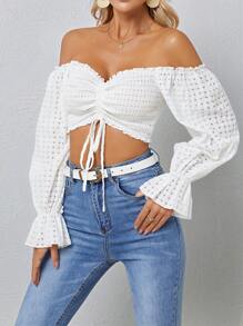 SHEIN SXY Off Shoulder Drawstring Front Flare Sleeve Crop Blouse - White - View 7