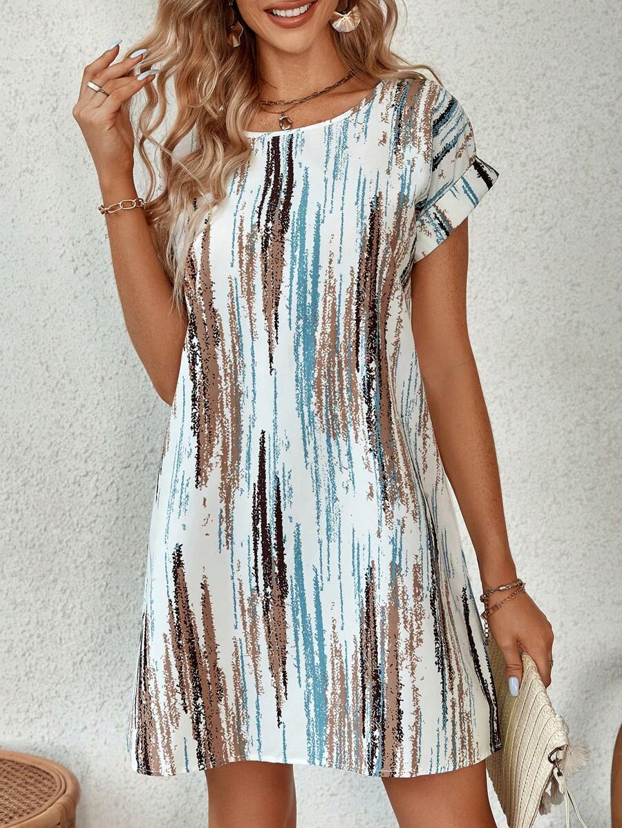 SHEIN LUNE Brush Print Batwing Sleeve Tunic Dress - Multicolor - View 1