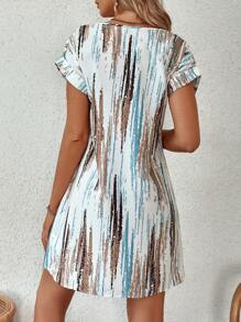 SHEIN LUNE Brush Print Batwing Sleeve Tunic Dress - Multicolor - View 2