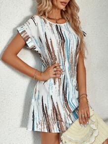 SHEIN LUNE Brush Print Batwing Sleeve Tunic Dress - Multicolor - View 7