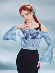 ROMWE Fairycore Vacation Style Butterfly Print Long Sleeve Fashion Oblique Shoulder 2 In 1 T-Shirt