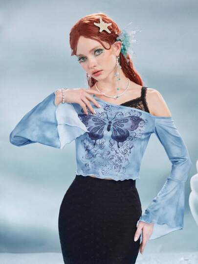 Fairycore T-shirt 2 en 1 style vacances avec imprimé papillon, manches longues et épaules obliques